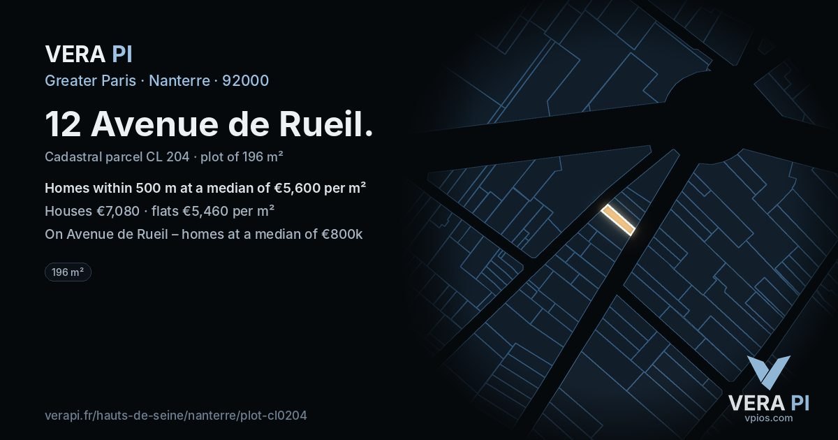 12 Avenue de Rueil, Nanterre at night – the plot lit, the parcels around coloured by the prices near them