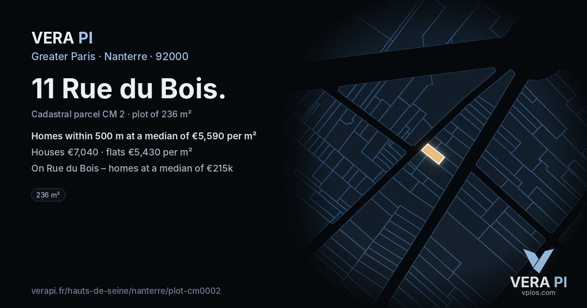 11 Rue du Bois, Nanterre at night – the plot lit, the parcels around coloured by the prices near them