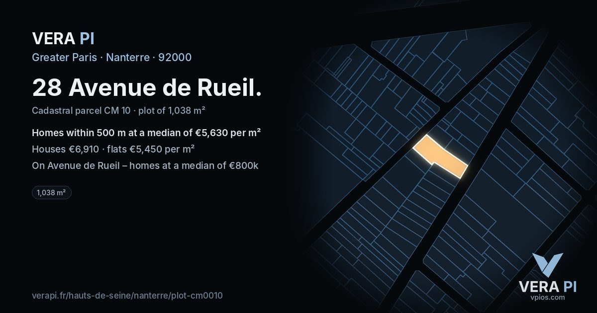 28 Avenue de Rueil, Nanterre at night – the plot lit, the parcels around coloured by the prices near them