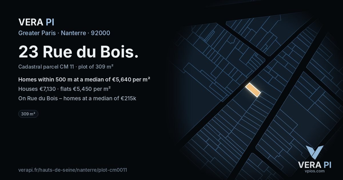 23 Rue du Bois, Nanterre at night – the plot lit, the parcels around coloured by the prices near them