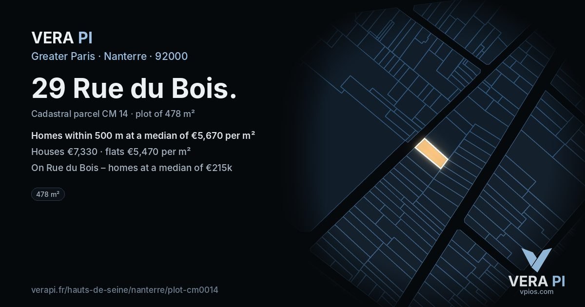 29 Rue du Bois, Nanterre at night – the plot lit, the parcels around coloured by the prices near them