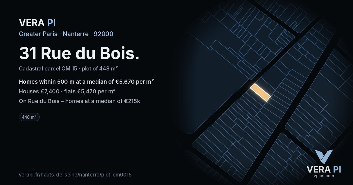 31 Rue du Bois, Nanterre at night – the plot lit, the parcels around coloured by the prices near them