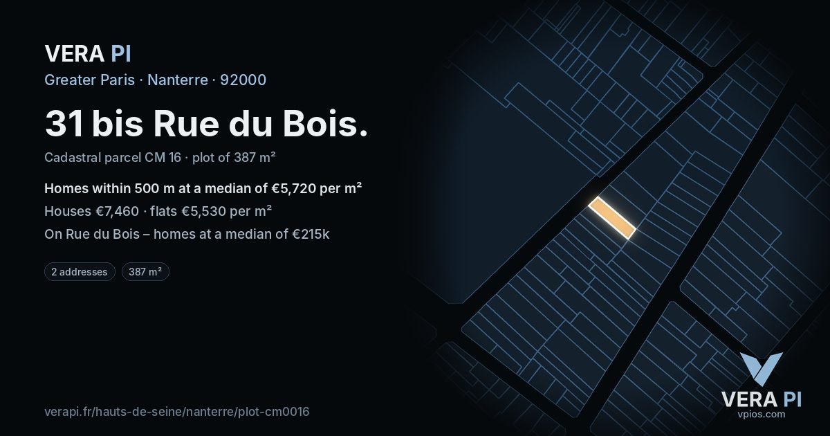 31 bis Rue du Bois, Nanterre at night – the plot lit, the parcels around coloured by the prices near them