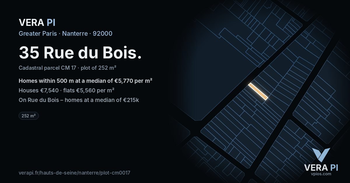 35 Rue du Bois, Nanterre at night – the plot lit, the parcels around coloured by the prices near them