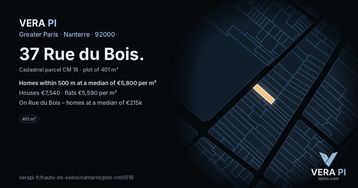 37 Rue du Bois, Nanterre at night – the plot lit, the parcels around coloured by the prices near them