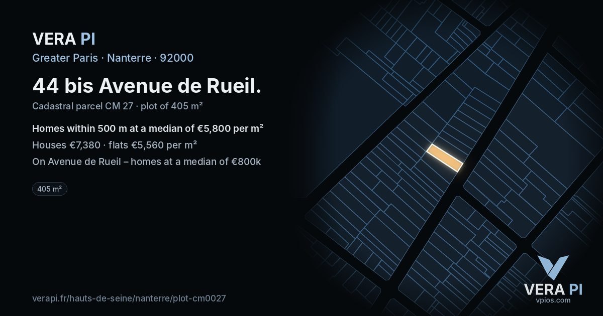 44 bis Avenue de Rueil, Nanterre at night – the plot lit, the parcels around coloured by the prices near them
