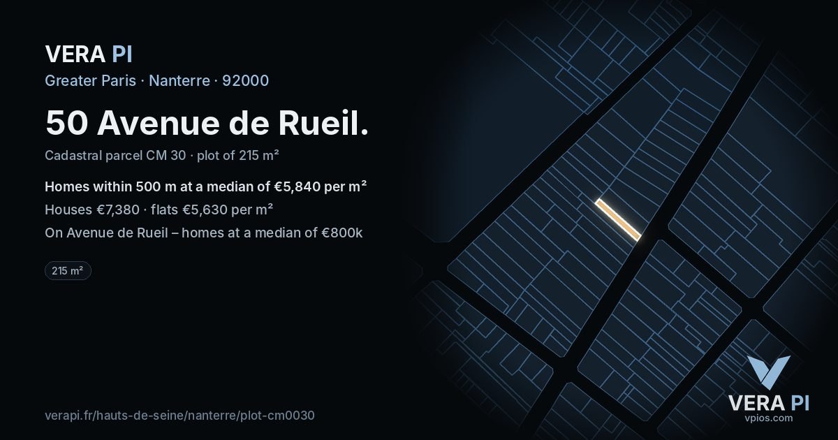 50 Avenue de Rueil, Nanterre at night – the plot lit, the parcels around coloured by the prices near them