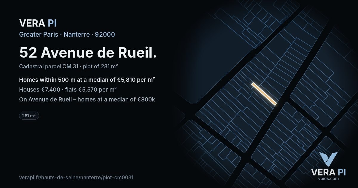 52 Avenue de Rueil, Nanterre at night – the plot lit, the parcels around coloured by the prices near them