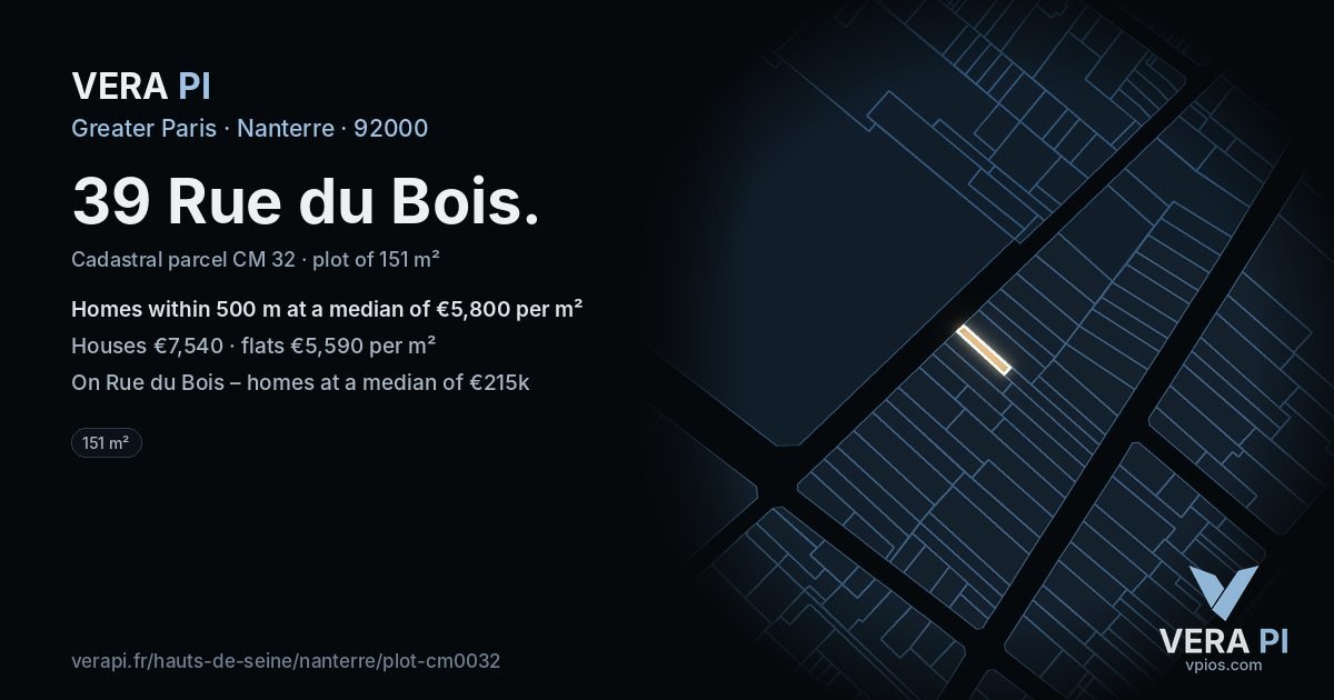 39 Rue du Bois, Nanterre at night – the plot lit, the parcels around coloured by the prices near them