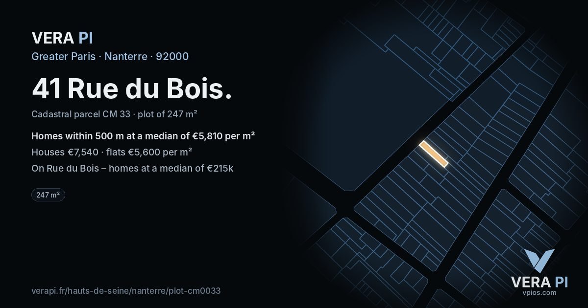 41 Rue du Bois, Nanterre at night – the plot lit, the parcels around coloured by the prices near them