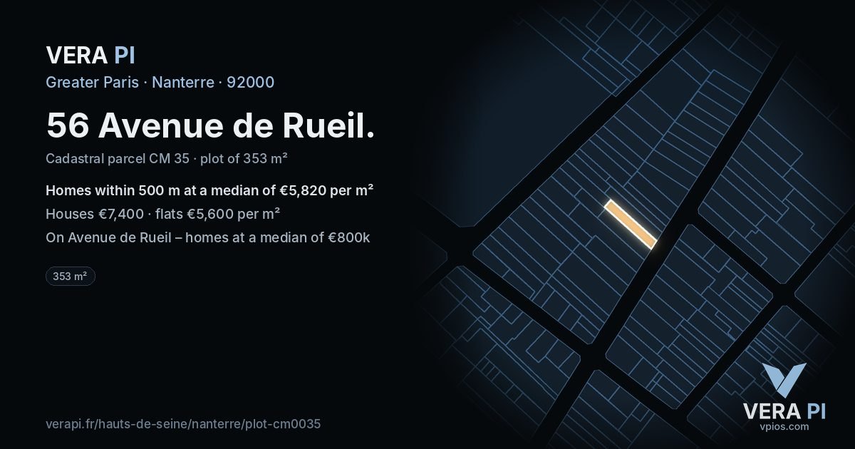 56 Avenue de Rueil, Nanterre at night – the plot lit, the parcels around coloured by the prices near them
