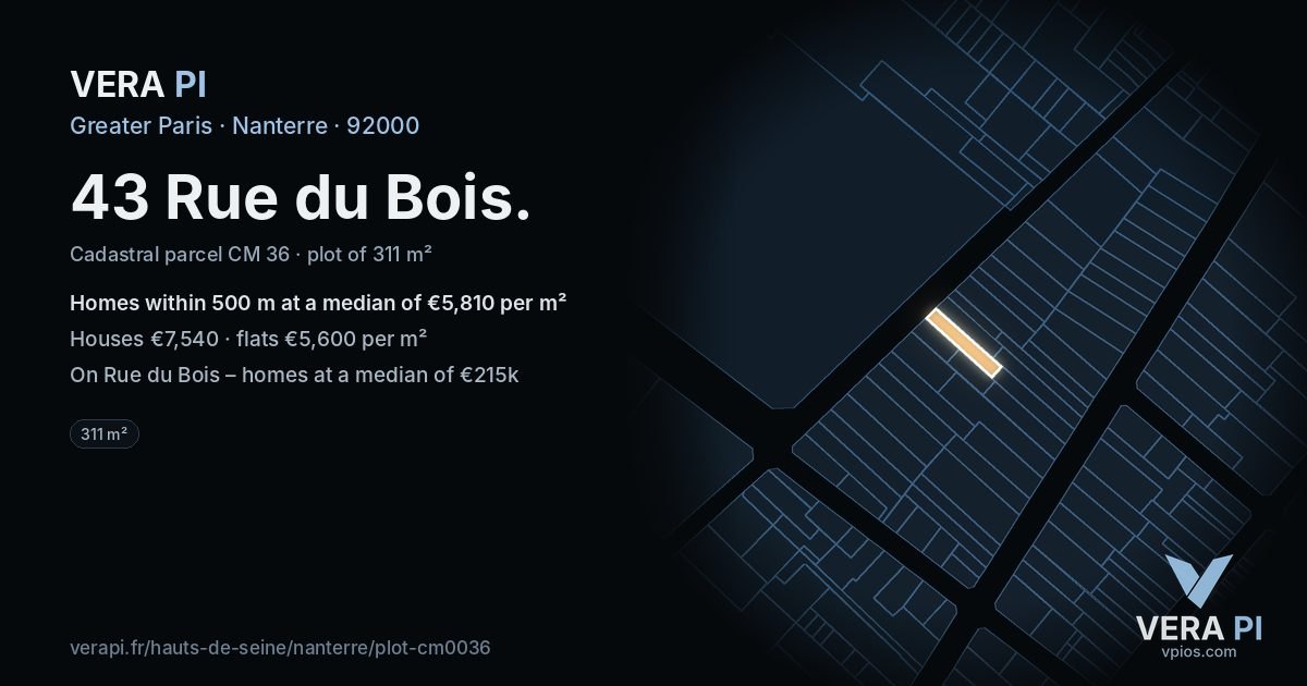 43 Rue du Bois, Nanterre at night – the plot lit, the parcels around coloured by the prices near them