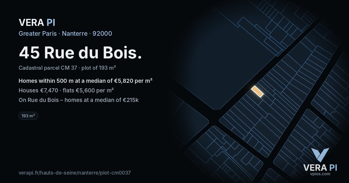 45 Rue du Bois, Nanterre at night – the plot lit, the parcels around coloured by the prices near them