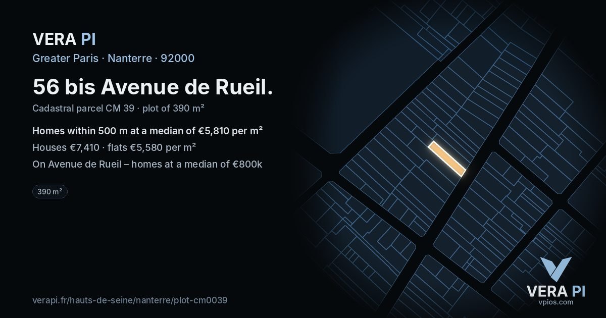 56 bis Avenue de Rueil, Nanterre at night – the plot lit, the parcels around coloured by the prices near them