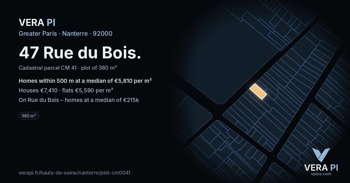47 Rue du Bois, Nanterre at night – the plot lit, the parcels around coloured by the prices near them