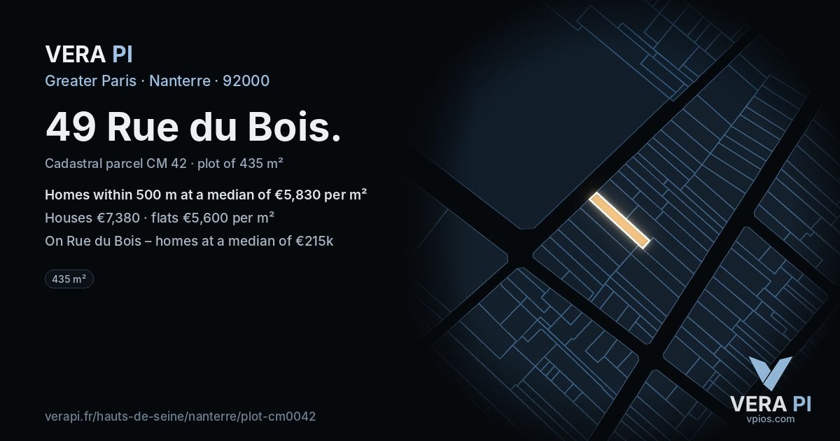 49 Rue du Bois, Nanterre at night – the plot lit, the parcels around coloured by the prices near them