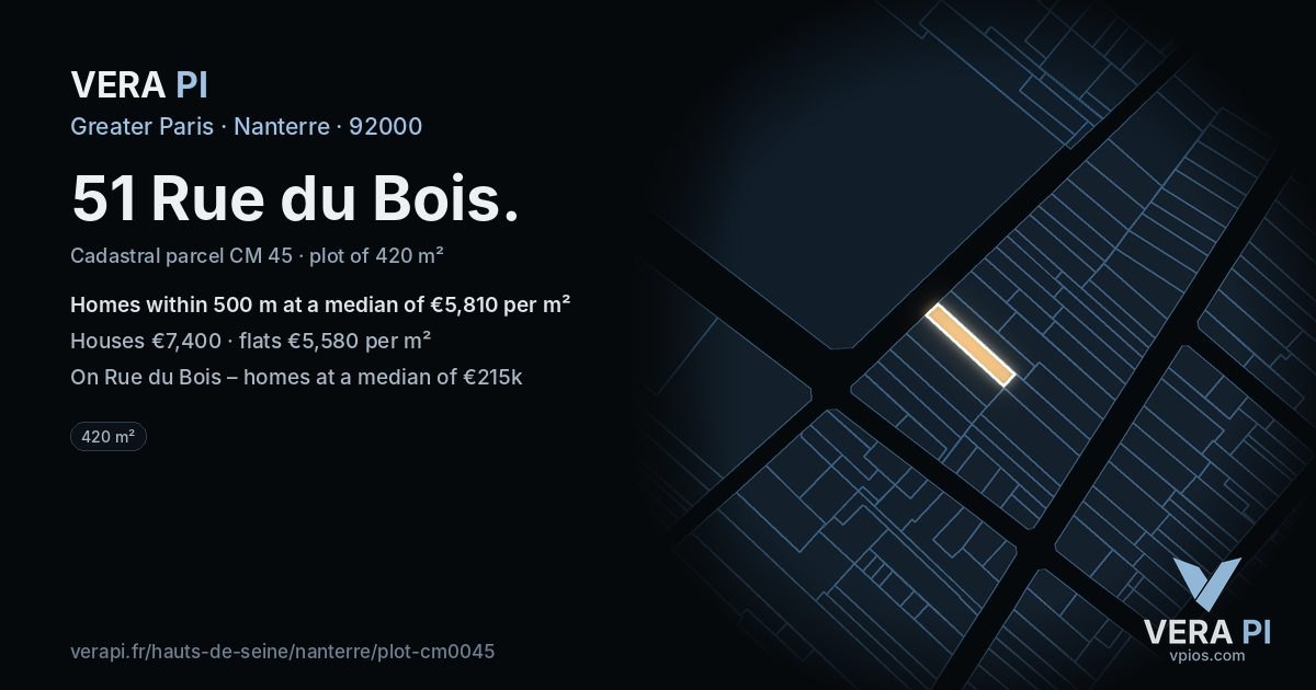 51 Rue du Bois, Nanterre at night – the plot lit, the parcels around coloured by the prices near them