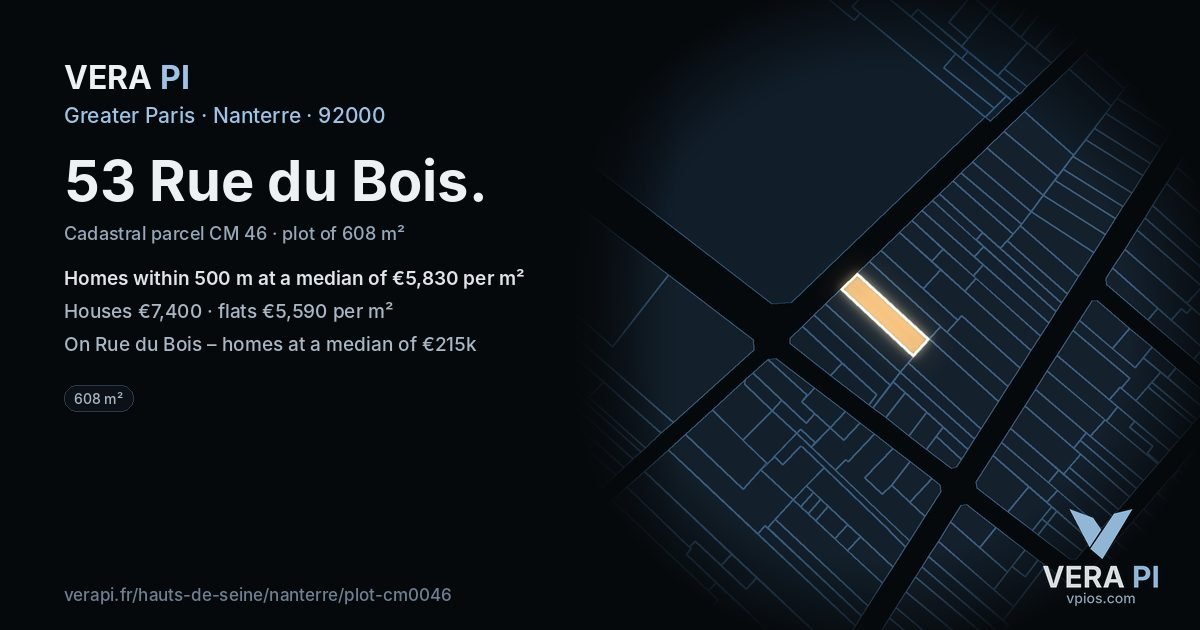 53 Rue du Bois, Nanterre at night – the plot lit, the parcels around coloured by the prices near them