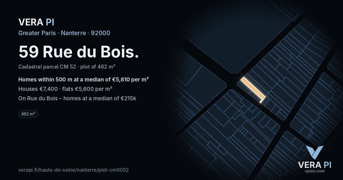 59 Rue du Bois, Nanterre at night – the plot lit, the parcels around coloured by the prices near them