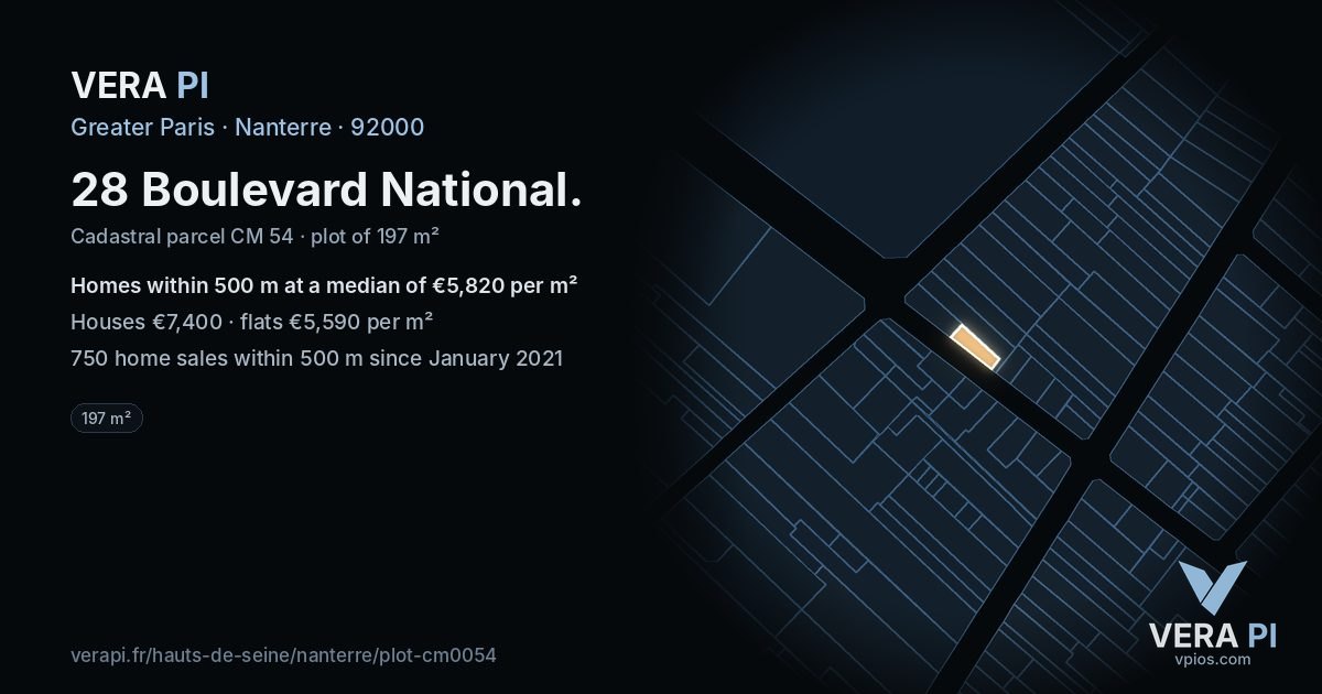 28 Boulevard National, Nanterre at night – the plot lit, the parcels around coloured by the prices near them