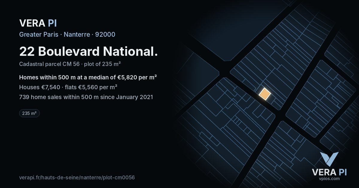 22 Boulevard National, Nanterre at night – the plot lit, the parcels around coloured by the prices near them