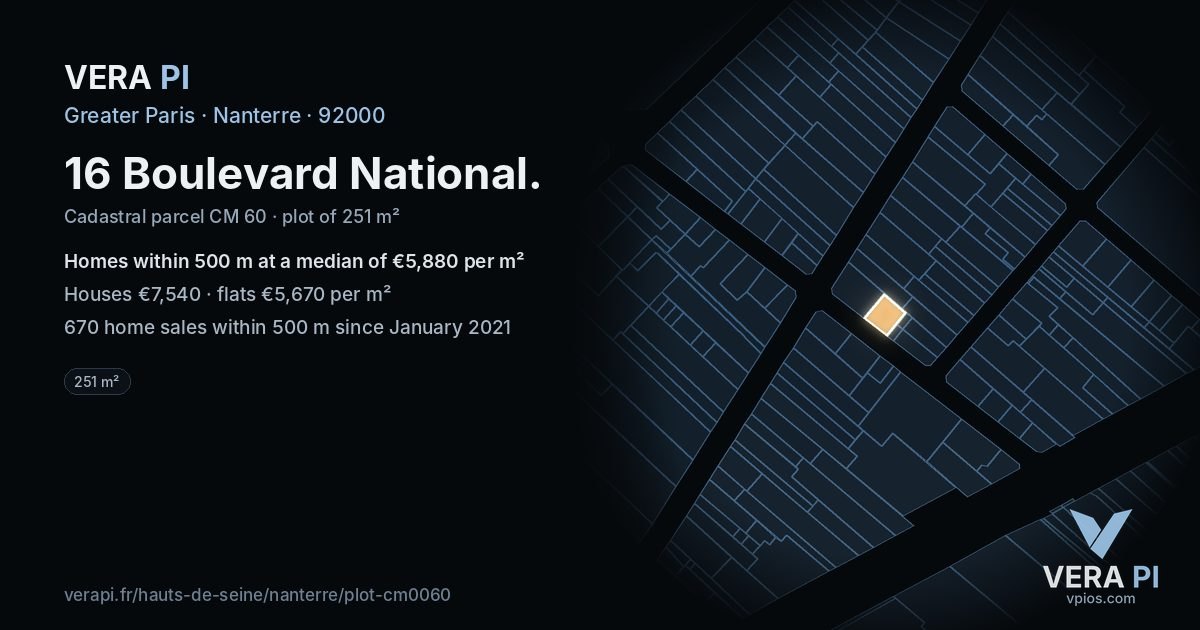 16 Boulevard National, Nanterre at night – the plot lit, the parcels around coloured by the prices near them