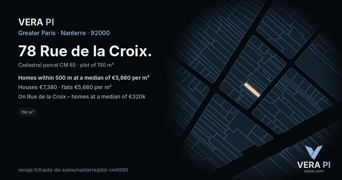 78 Rue de la Croix, Nanterre at night – the plot lit, the parcels around coloured by the prices near them