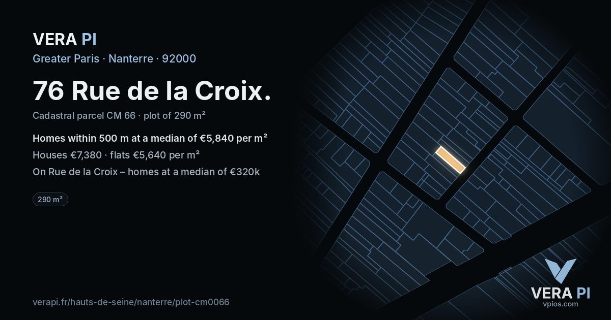 76 Rue de la Croix, Nanterre at night – the plot lit, the parcels around coloured by the prices near them