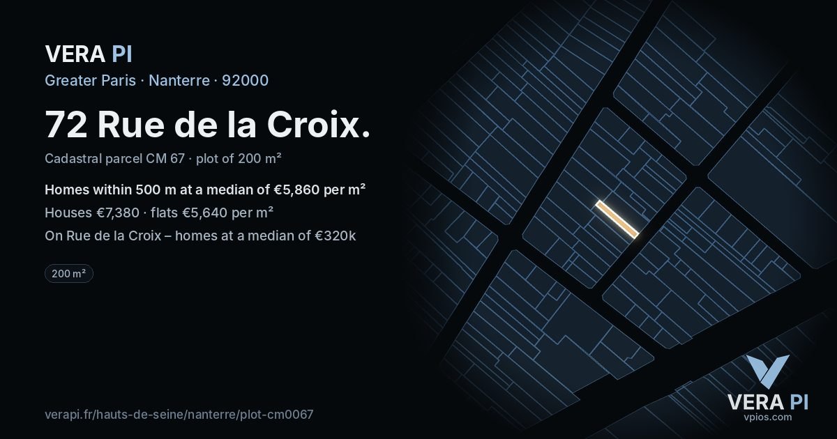 72 Rue de la Croix, Nanterre at night – the plot lit, the parcels around coloured by the prices near them