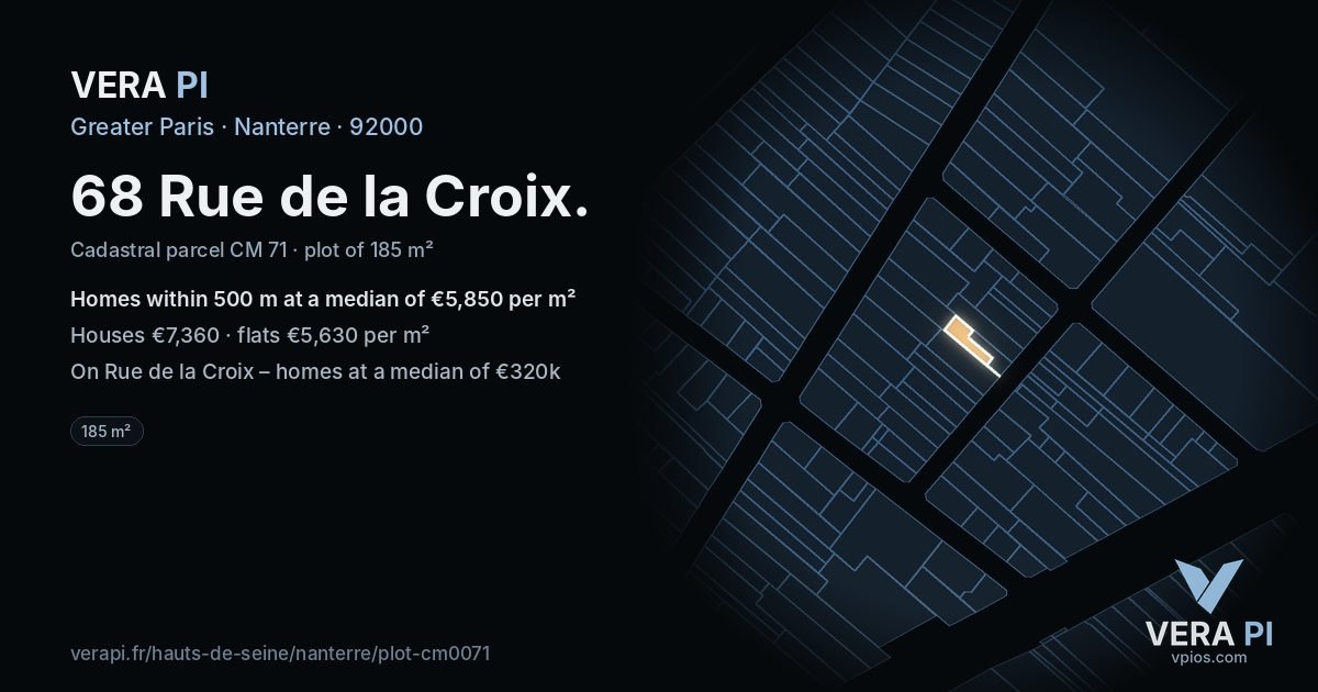 68 Rue de la Croix, Nanterre at night – the plot lit, the parcels around coloured by the prices near them