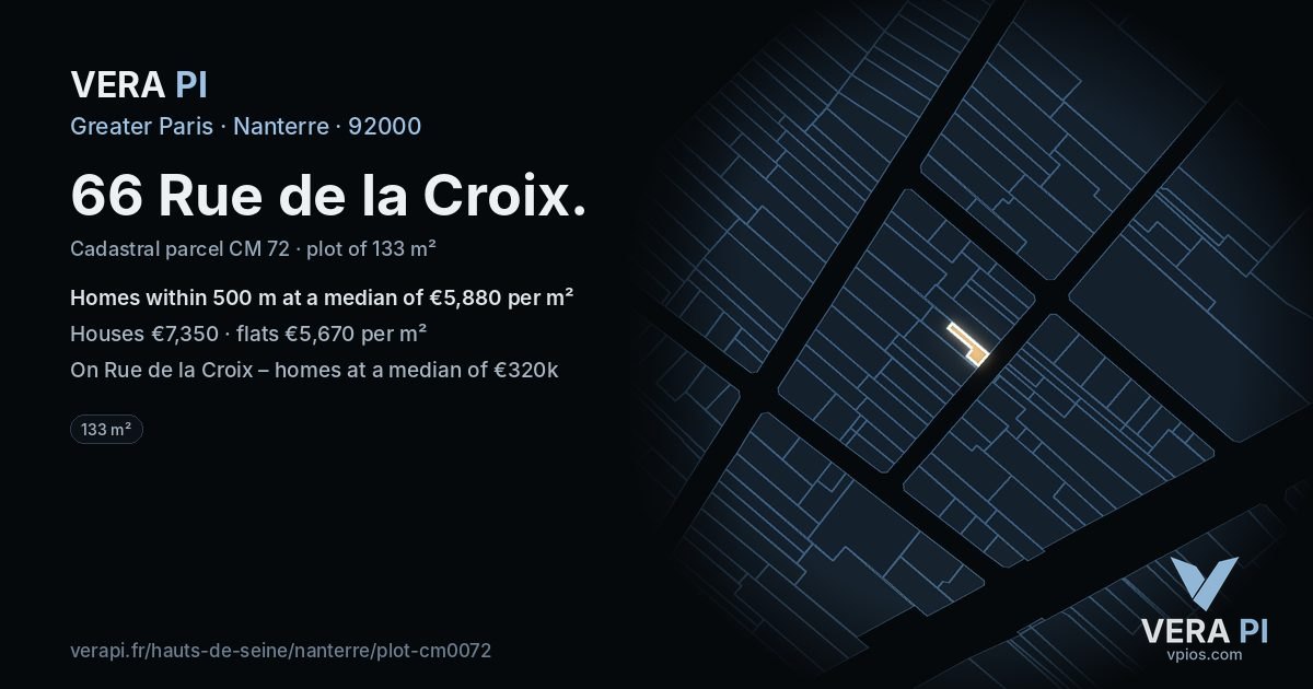 66 Rue de la Croix, Nanterre at night – the plot lit, the parcels around coloured by the prices near them
