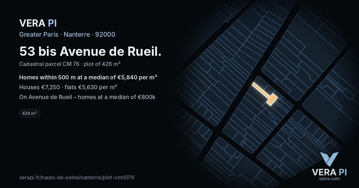 53 bis Avenue de Rueil, Nanterre at night – the plot lit, the parcels around coloured by the prices near them