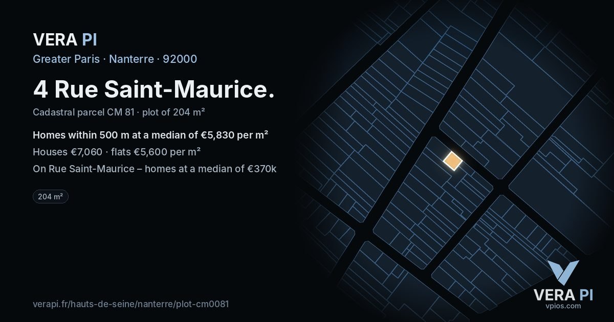 4 Rue Saint-Maurice, Nanterre at night – the plot lit, the parcels around coloured by the prices near them