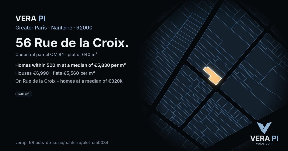 56 Rue de la Croix, Nanterre at night – the plot lit, the parcels around coloured by the prices near them