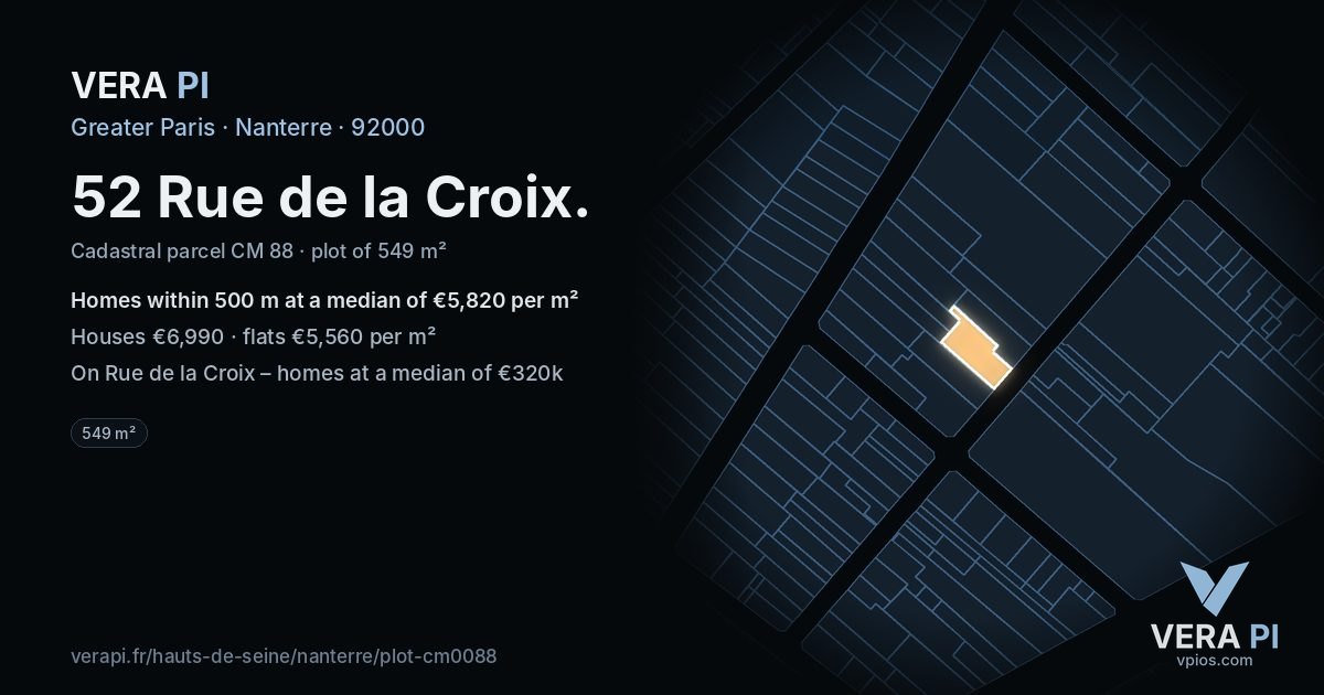 52 Rue de la Croix, Nanterre at night – the plot lit, the parcels around coloured by the prices near them