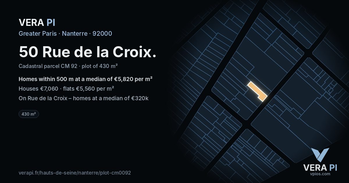 50 Rue de la Croix, Nanterre at night – the plot lit, the parcels around coloured by the prices near them
