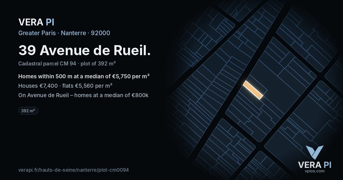 39 Avenue de Rueil, Nanterre at night – the plot lit, the parcels around coloured by the prices near them