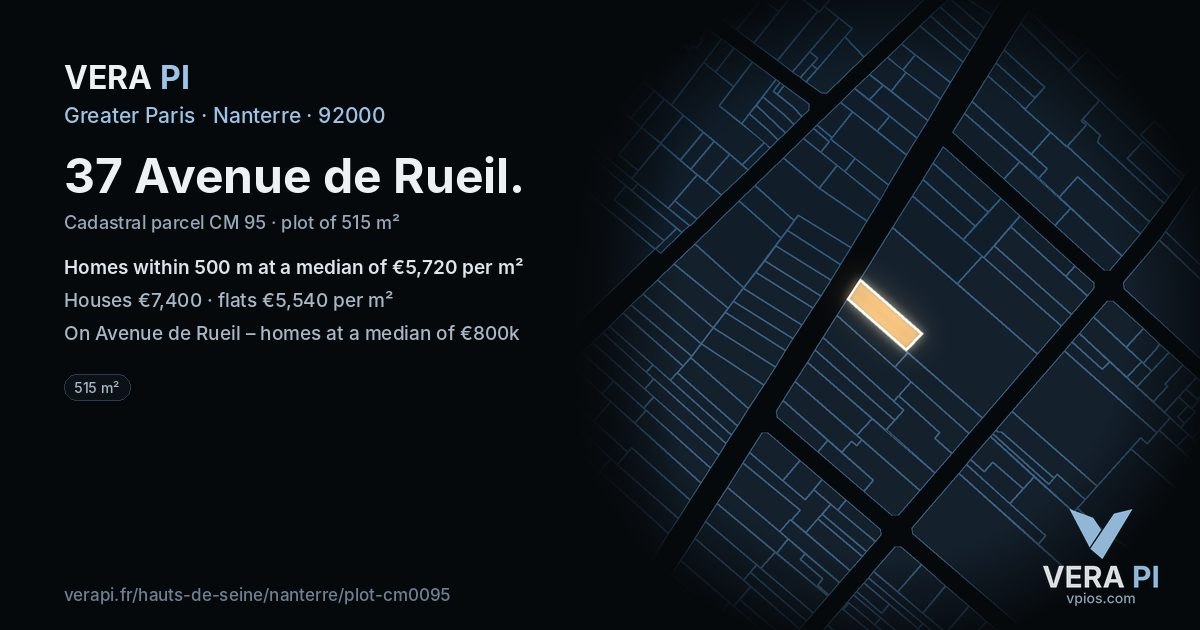 37 Avenue de Rueil, Nanterre at night – the plot lit, the parcels around coloured by the prices near them