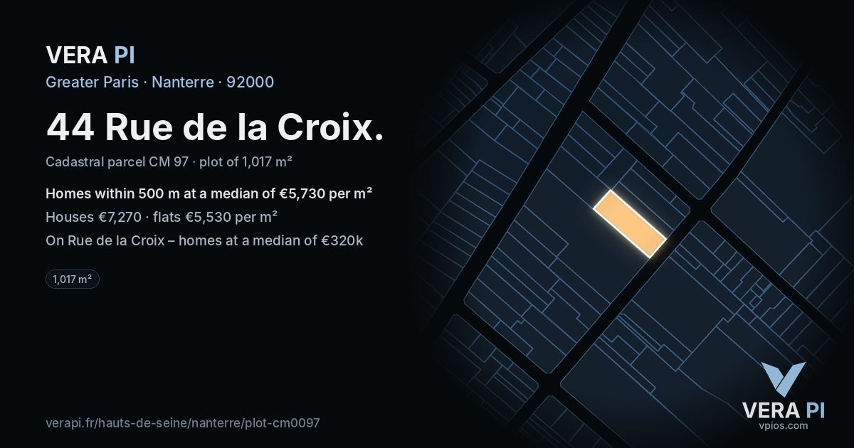 44 Rue de la Croix, Nanterre at night – the plot lit, the parcels around coloured by the prices near them
