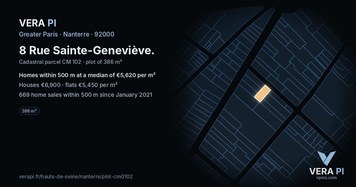 8 Rue Sainte-Geneviève, Nanterre at night – the plot lit, the parcels around coloured by the prices near them