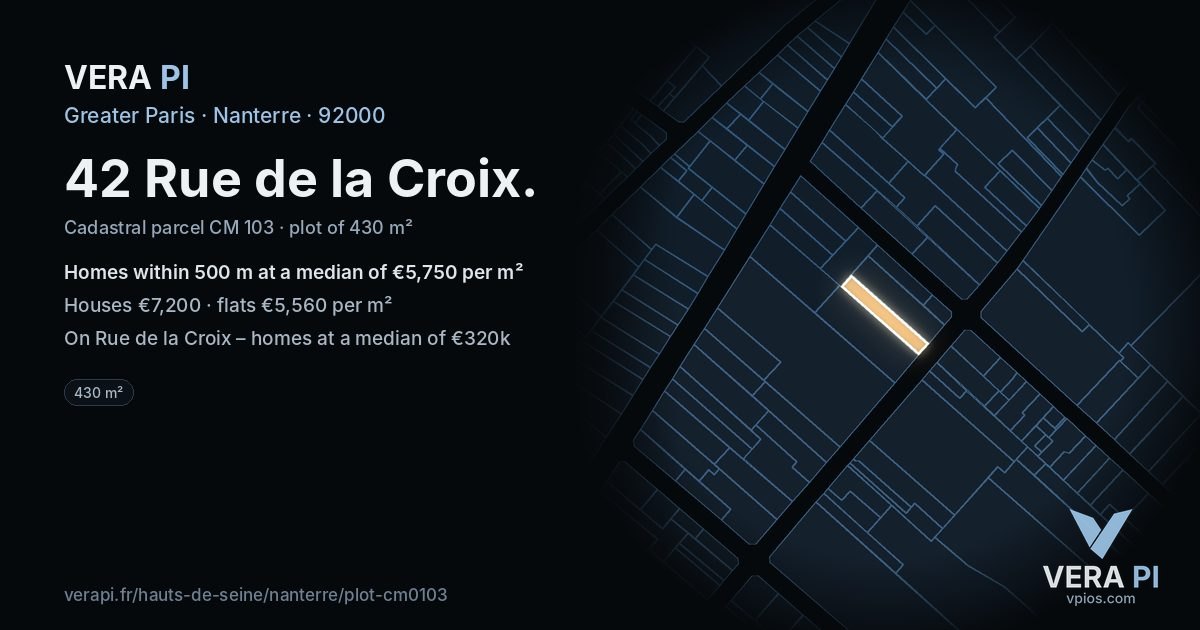 42 Rue de la Croix, Nanterre at night – the plot lit, the parcels around coloured by the prices near them