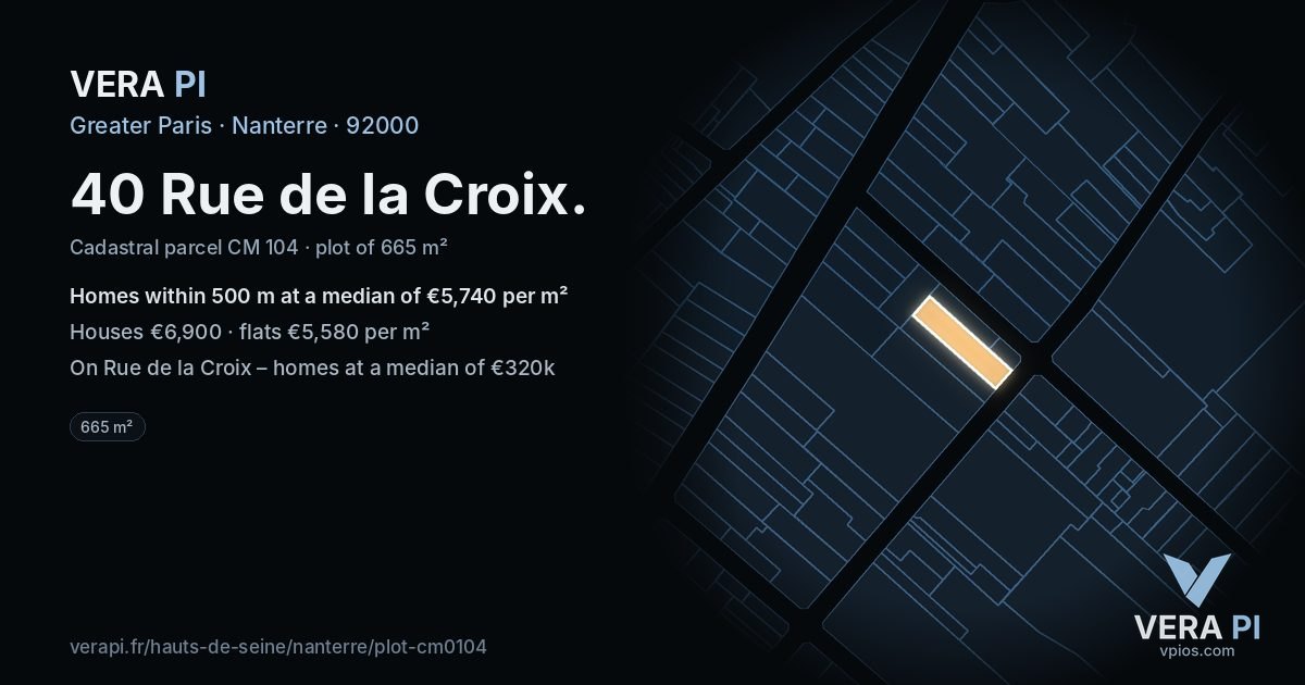 40 Rue de la Croix, Nanterre at night – the plot lit, the parcels around coloured by the prices near them