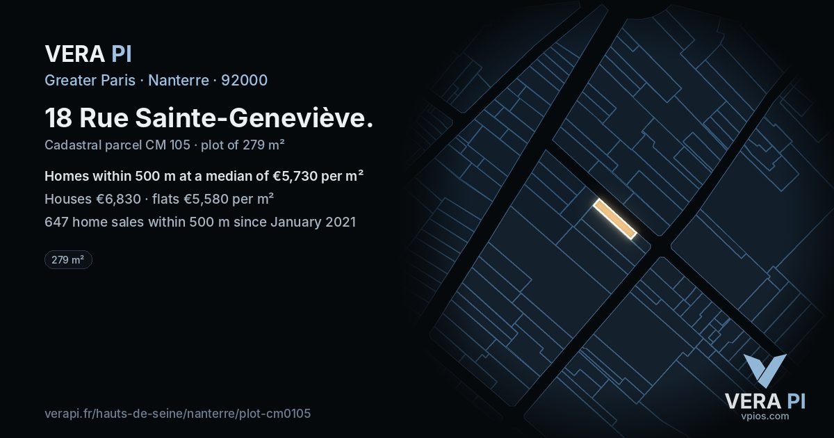 18 Rue Sainte-Geneviève, Nanterre at night – the plot lit, the parcels around coloured by the prices near them