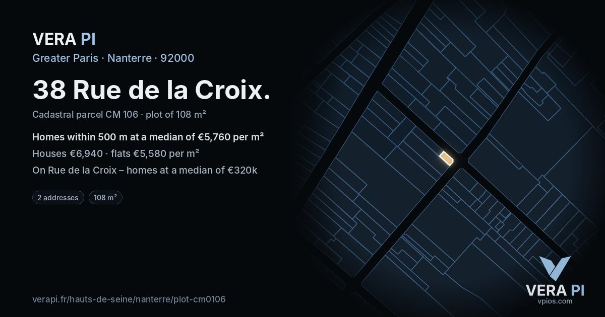 38 Rue de la Croix, Nanterre at night – the plot lit, the parcels around coloured by the prices near them