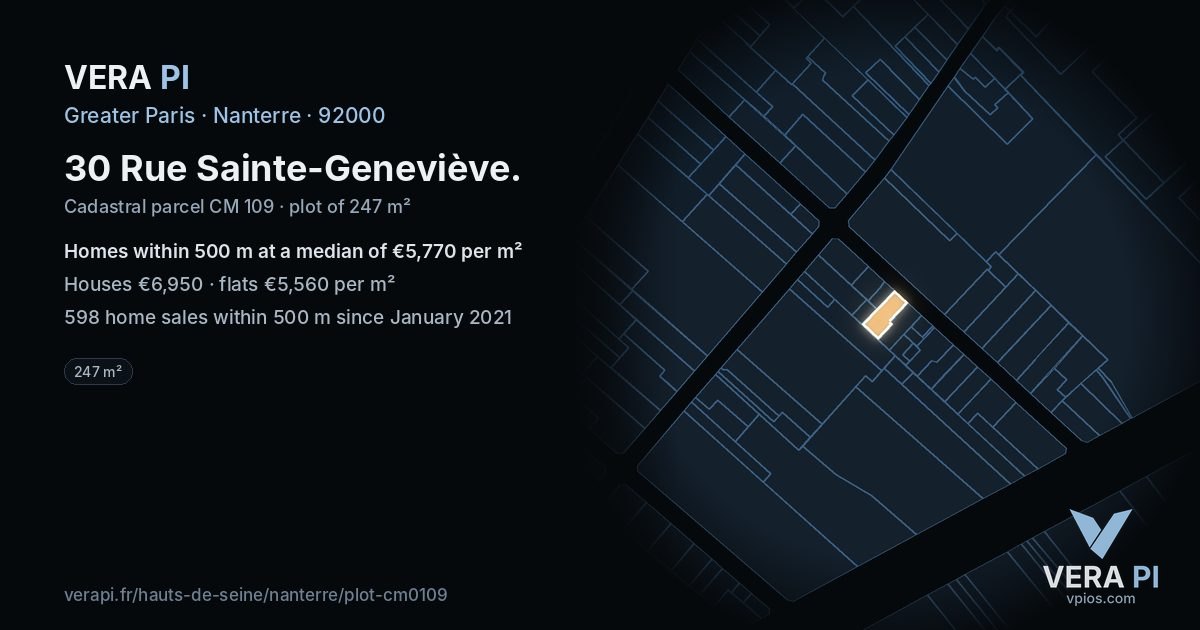 30 Rue Sainte-Geneviève, Nanterre at night – the plot lit, the parcels around coloured by the prices near them