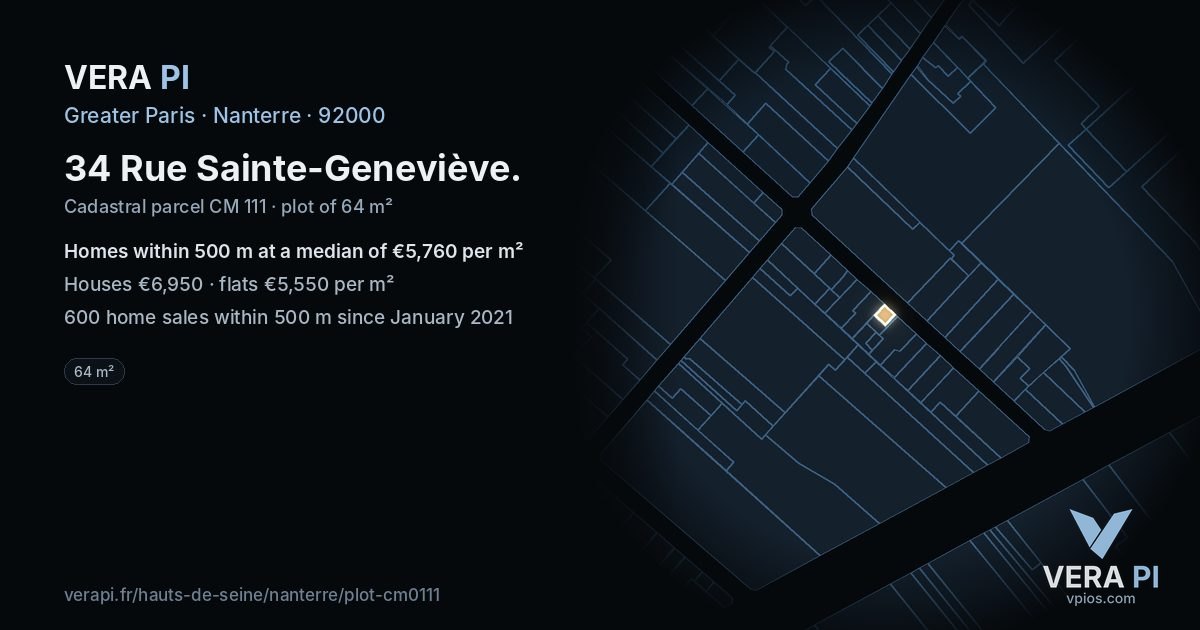 34 Rue Sainte-Geneviève, Nanterre at night – the plot lit, the parcels around coloured by the prices near them
