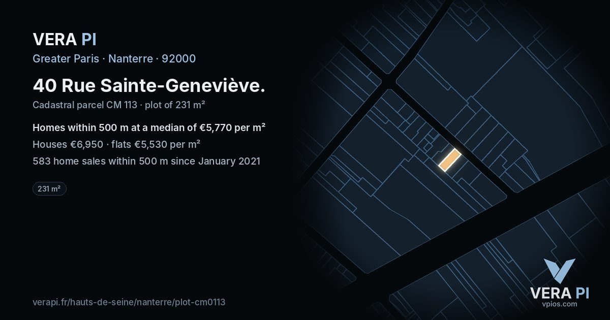 40 Rue Sainte-Geneviève, Nanterre at night – the plot lit, the parcels around coloured by the prices near them