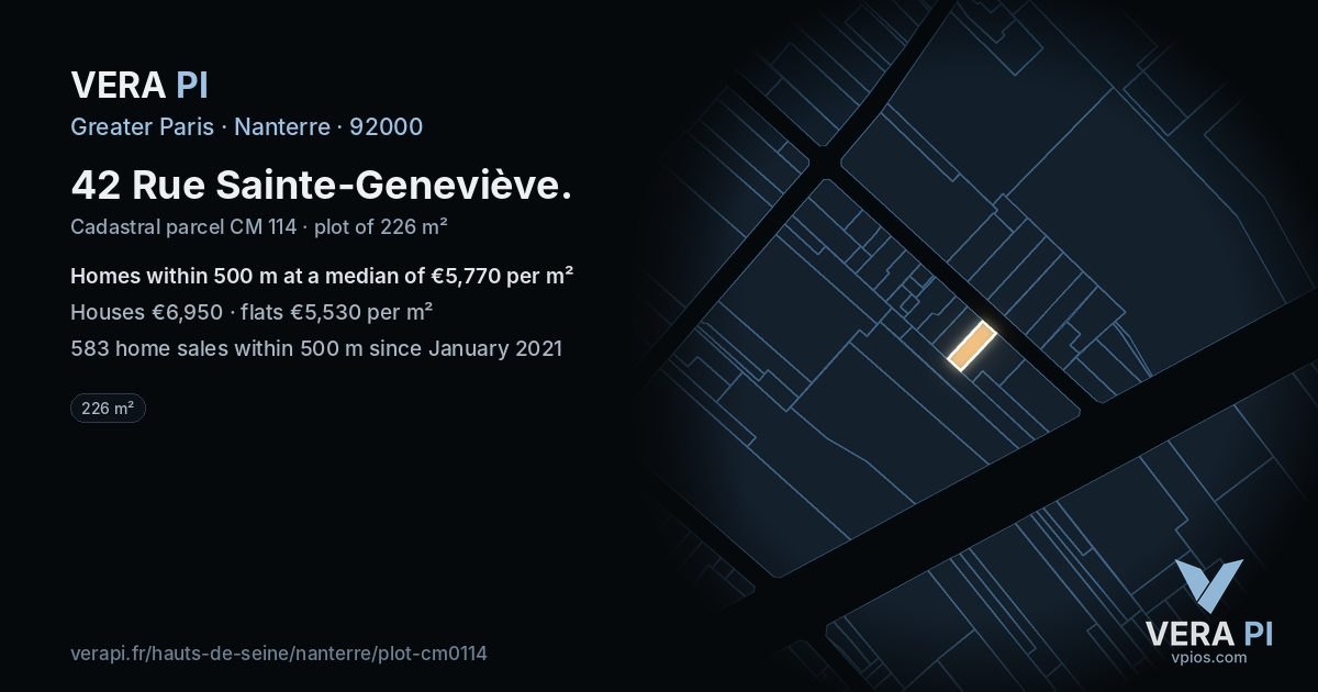 42 Rue Sainte-Geneviève, Nanterre at night – the plot lit, the parcels around coloured by the prices near them