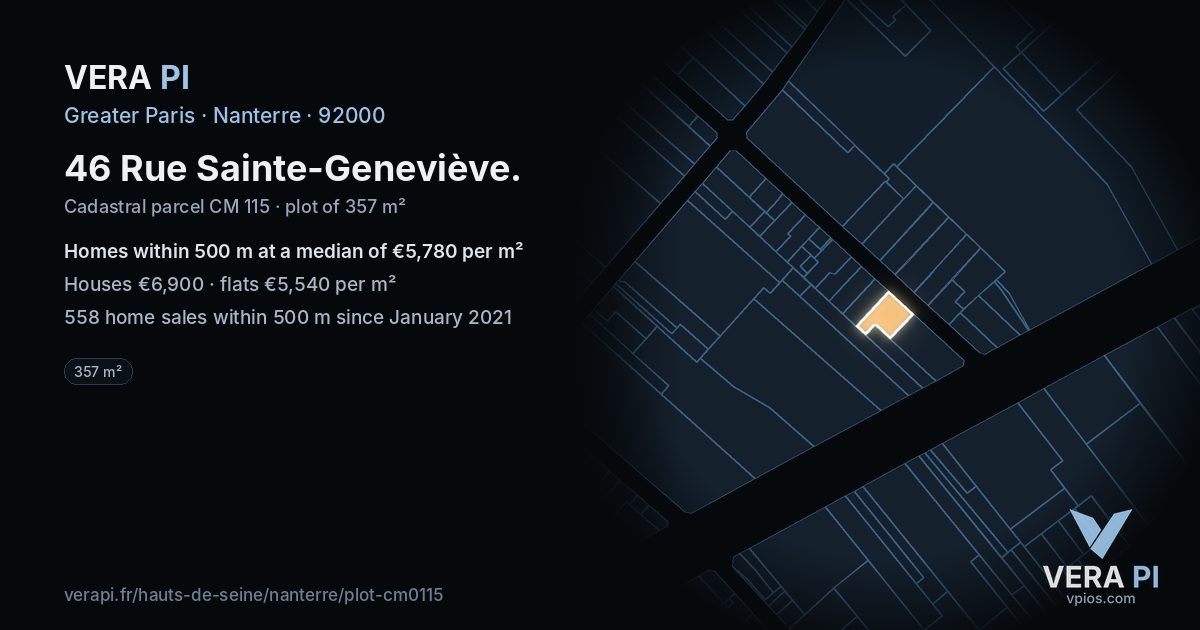 46 Rue Sainte-Geneviève, Nanterre at night – the plot lit, the parcels around coloured by the prices near them