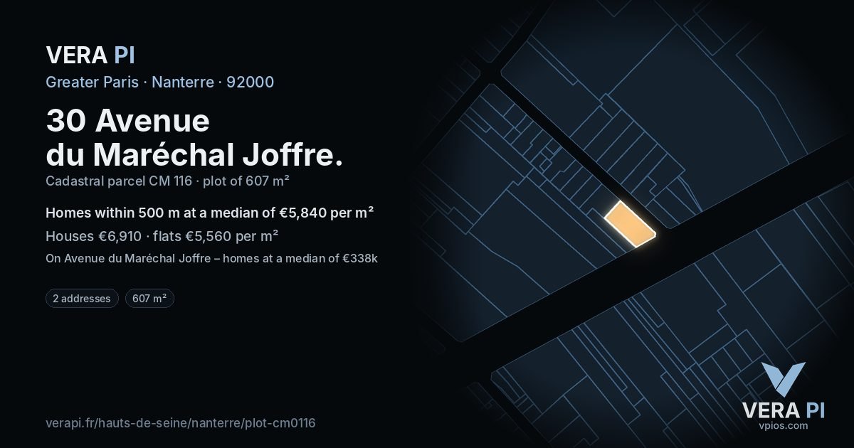 30 Avenue du Maréchal Joffre, Nanterre at night – the plot lit, the parcels around coloured by the prices near them